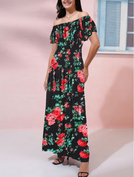 Off-The-Shoulder Floral Print Midi Dress